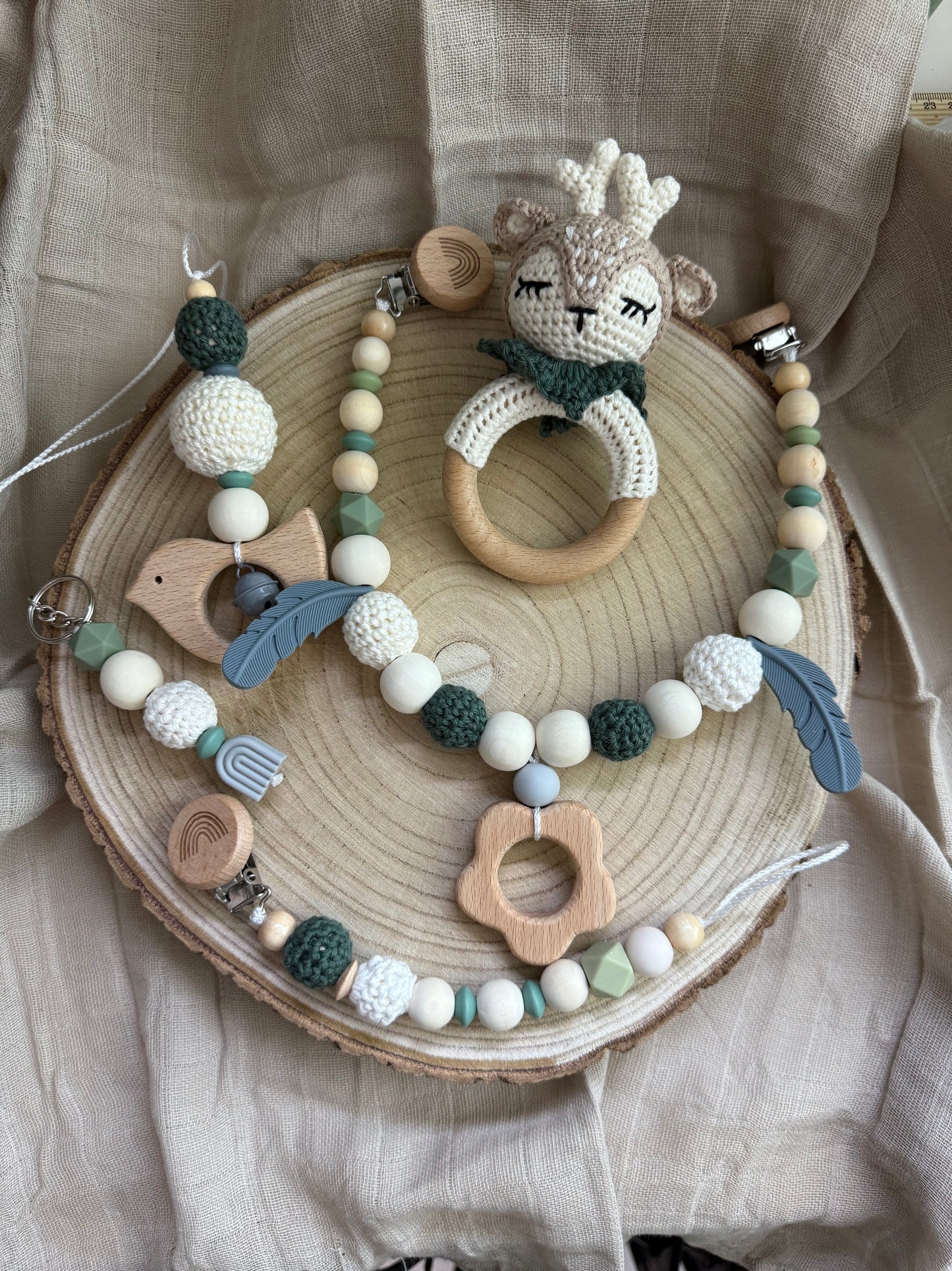 Reh Kollektion Handgemacht Schnullerhalter, Kinderwagenkette