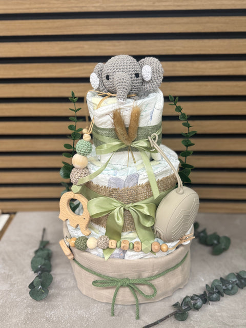 Windeltorte Elefant Pastell Grün – Personalisiert – Nachhaltig & Handgemacht – Premium Babytorte zur Geburt, Taufe & Babyshower – Neutral, Geschenkset
