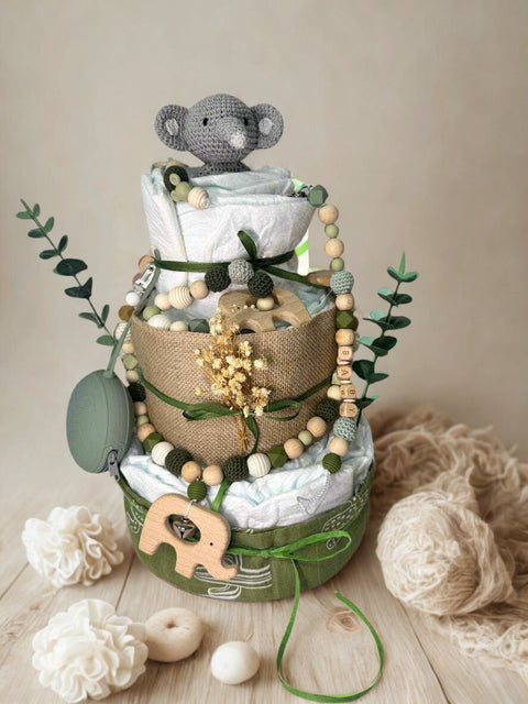 Windeltorte Elefant – Grün, Unisex & Personalisiert- SmallLights Bestseller - Small Lights Shop
