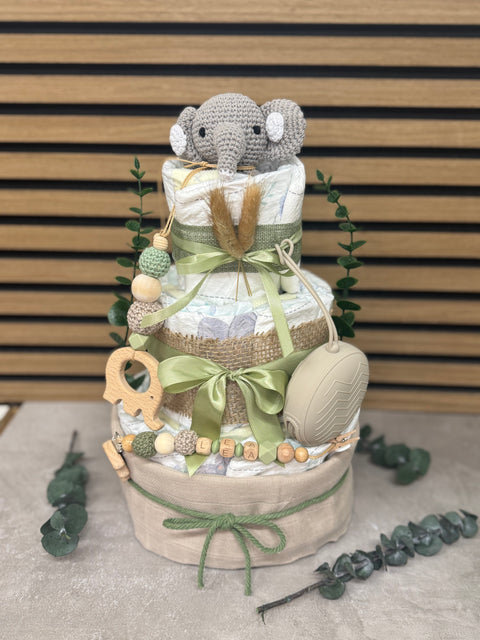 Windeltorte Elefant Pastell Grün – Personalisiert – Nachhaltig & Handgemacht – Premium Babytorte zur Geburt, Taufe & Babyshower – Neutral, Geschenkset