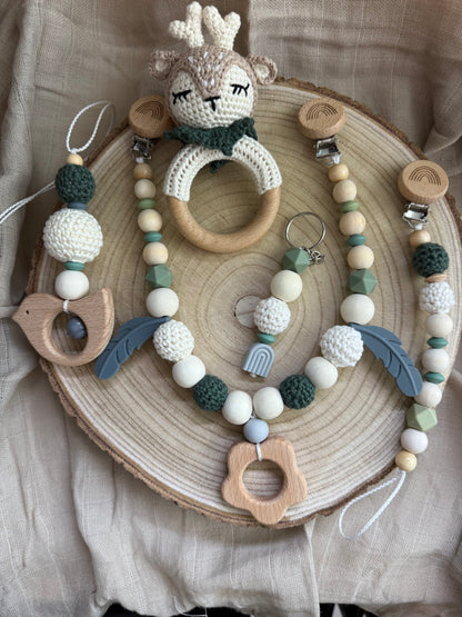 Reh Kollektion Handgemacht Schnullerhalter, Kinderwagenkette