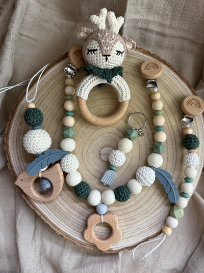 Reh Kollektion Handgemacht Schnullerhalter, Kinderwagenkette