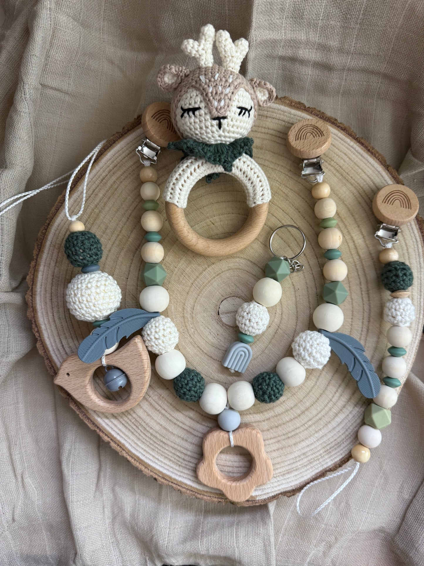 Reh Kollektion Handgemacht Schnullerhalter, Kinderwagenkette