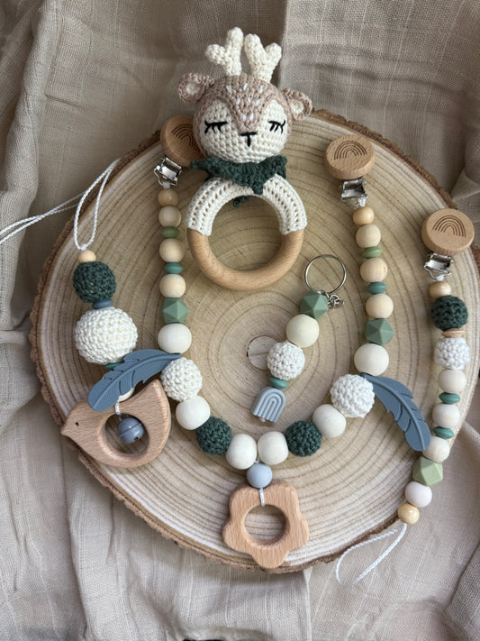 Reh Kollektion Handgemacht Schnullerhalter, Kinderwagenkette