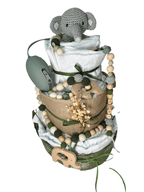 Windeltorte grün, Elefant, neutral, handgemacht - Small Lights Shop