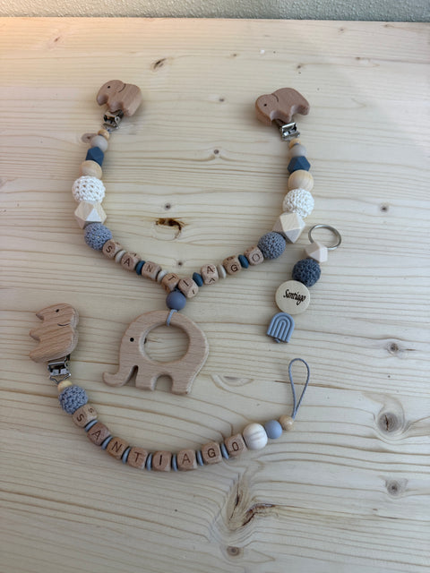 Personalisiertes Baby-Geschenkset „Elefant“ – Schnullerkette, Kinderwagenkette & Greifling in Naturfarben - Small Lights Shop