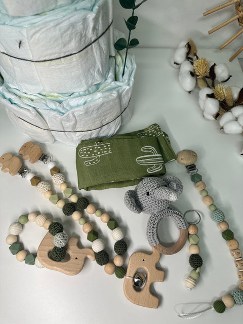 Windeltorte grün, Elefant, neutral, handgemacht - Small Lights Shop