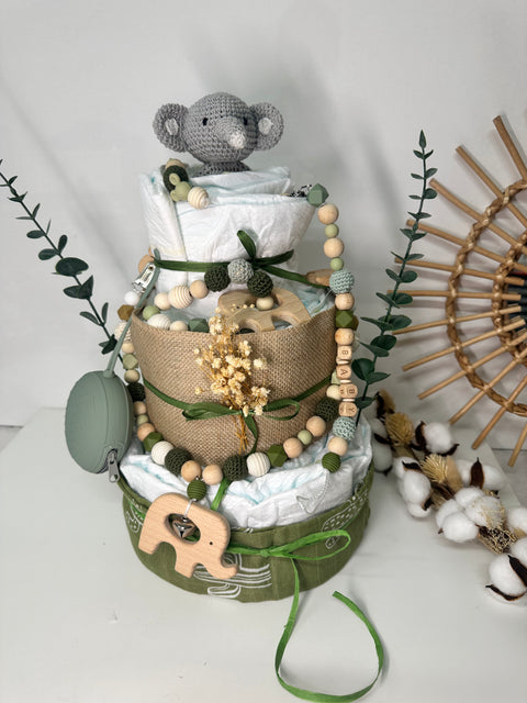 Windeltorte grün, Elefant, neutral, handgemacht - Small Lights Shop