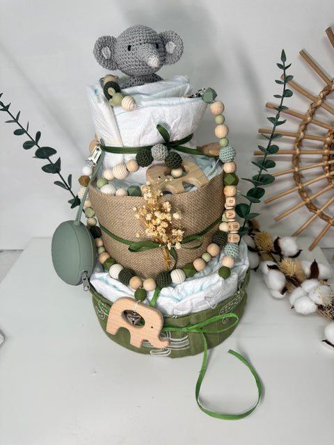 Windeltorte grün, Elefant, neutral, handgemacht - Small Lights Shop