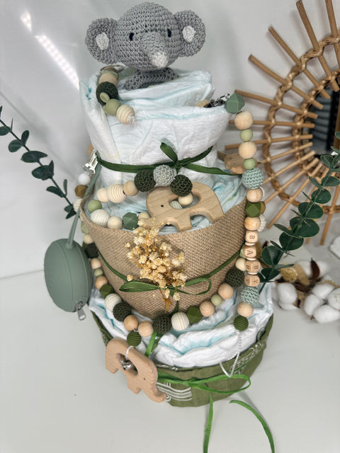 Windeltorte grün, Elefant, neutral, handgemacht - Small Lights Shop