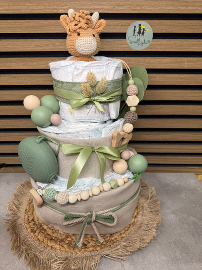 Windeltorte neutral mit Name, Tiermotive, habdgemacht