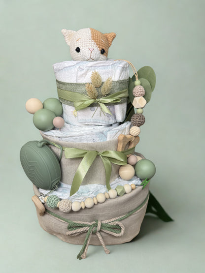 Windeltorte neutral mit Name, Tiermotive, habdgemacht