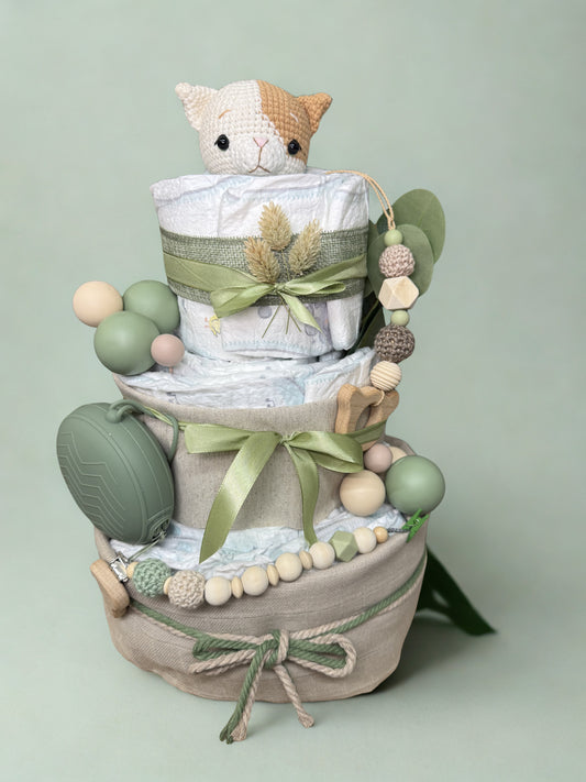 Windeltorte neutral mit Name, Tiermotive, habdgemacht