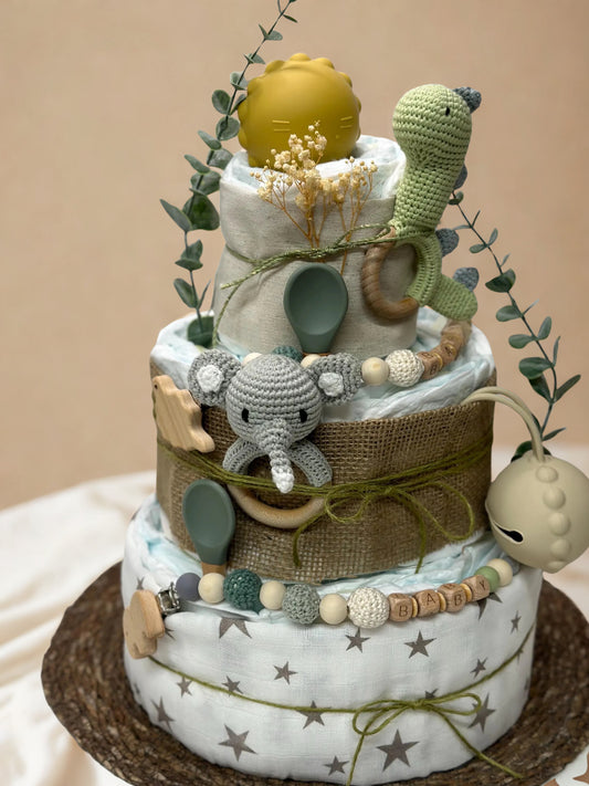 Windeltorte Zwillinge personalisiert, Dino und Elefant Design