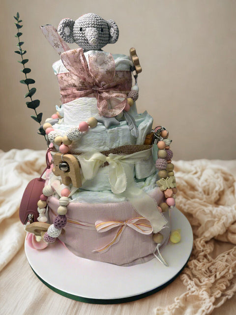Windeltorte Rosa – Elefant oder Reh, Mädchen & Personalisiert - Small Lights Shop
