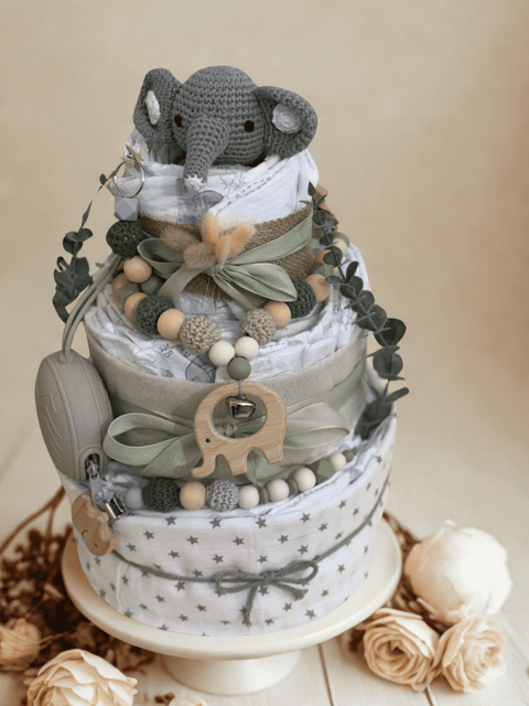 Windeltorte mit Elefant und Naturperlen
