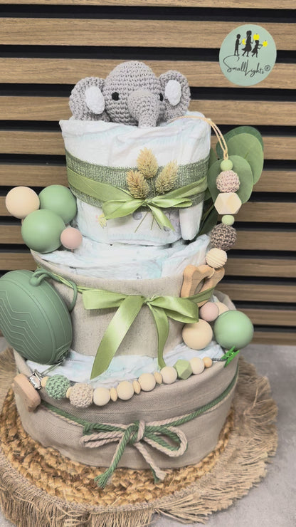 Windeltorte neutral mit Name, Tiermotive, habdgemacht